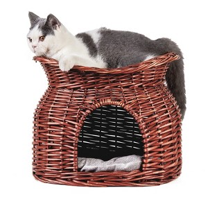 2 Tiers Handwoven Rattan Elevated Cat Bed with 2x Soft Cushion Raised Wicker Pet Basket Indoor - 1 of 4