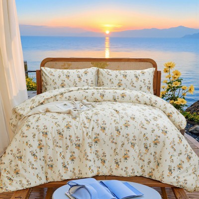 Floral Cotton Comforter Set – 100% Cotton Bedding with Elegant Botanical Print, Soft Lightweight All Season Quilt, King/Queen