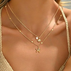 HTUTWOO Shell Necklace for Women,14k Gold Plated Layered Starfish  SeaShell Pearl Pendant Charm Necklace, Adjustable Chain for Summer Beach Vacation - 1 of 4