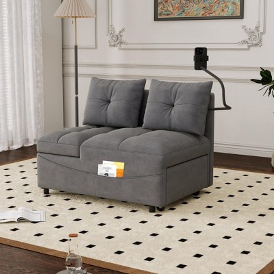 SKRAN versatile foldable sofa bed , modern sofa velvet pull-out bed, loveseat sofa adjustable back and with USB port and swivel phone stand,Grey