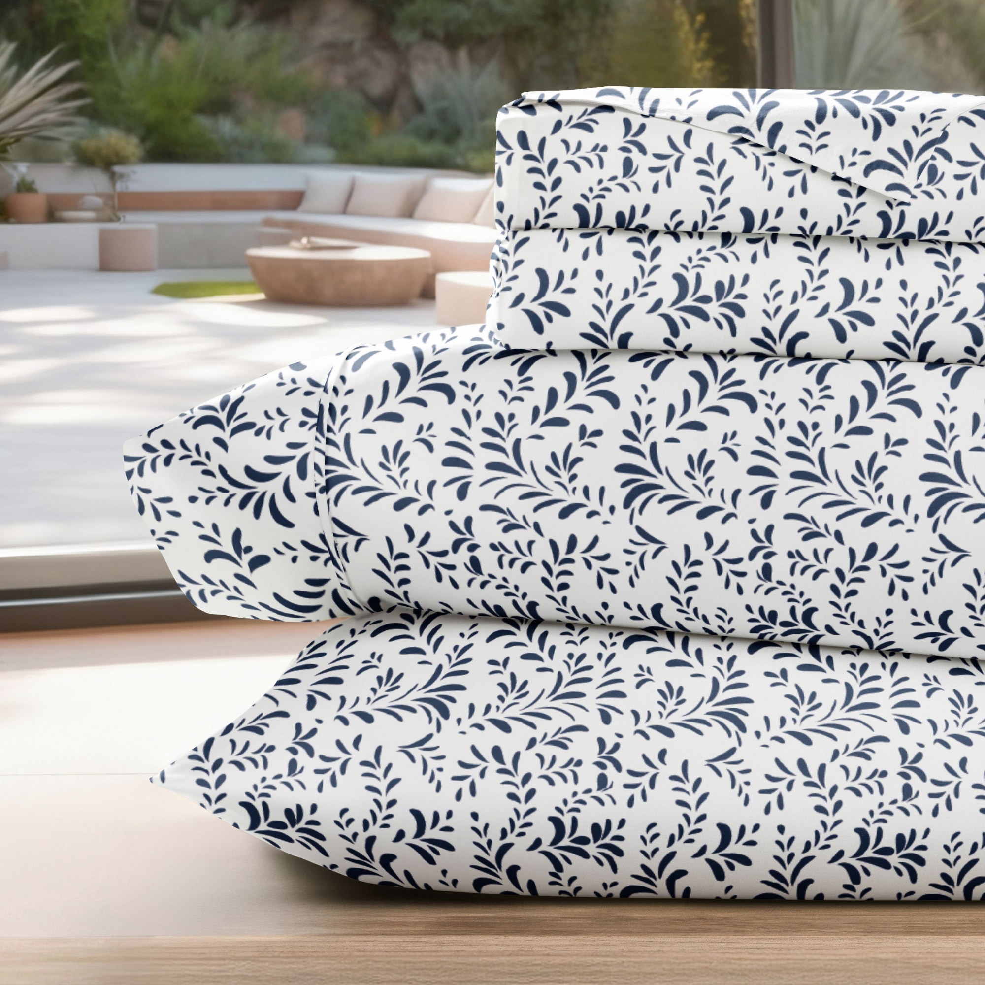 Floral & Paisley Patterns 4PC Sheet Set - Extra Soft - Becky Cameron, Burst of Vines Navy, Full