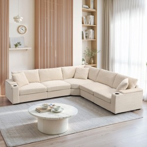 Whisen Oversized Convertible L-shaped Sectional Sofa, Corduroy Corner Couch with Armrest Storage, Cup Holders, USB Charger - Beige - 1 of 4