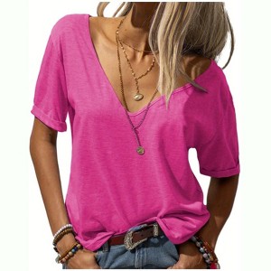 Imily Bela Womens T Shirt Deep V Neck Short Sleeve Casual Fit Basic Fashion Top - 1 of 3