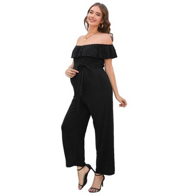 Casual Off Shoulder Maternity Jumpsuits Short Ruffle Sleeves Belted Wide Leg Jumpsuits Romper black_L