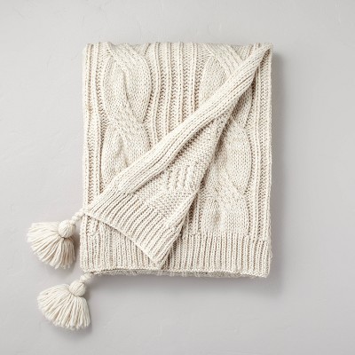 Chunky Cable Knit Tassels Throw Blanket Heathered Oatmeal - Hearth & Hand™ with Magnolia