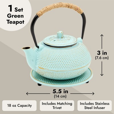 Pastel Green Cast Iron Japanese Teapot with Infuser and Trivet