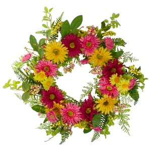 Northlight Chrysanthemum, Berries and Daisy Floral Spring Wreath - 23" - Red and Yellow - 1 of 4