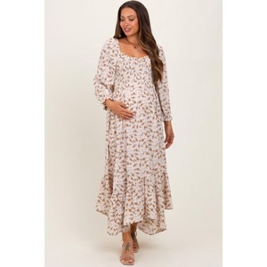 Pinkblush Ivory Floral Smocked Handkerchief Hem Maternity Maxi Dress - 1 of 3