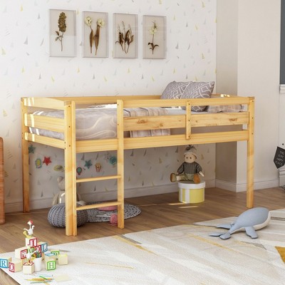 NicBex Twin Size Loft Bed Low Rise Design Pine Bed Frame with Ladder and Full Length Guardrail, No Box Spring Required