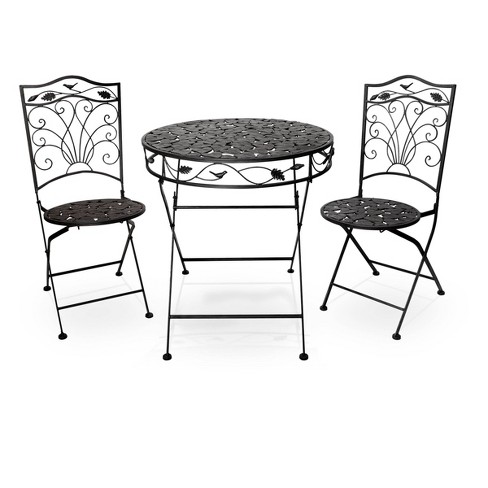 3pc Iron Garden Bistro Set with Leaf Design Brown Alpine Corporation