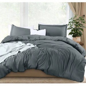 King Size Duvet Cover Set of 3 with Zipper - 104x90 Comforter 2x20x36 Shams, Grey - 1 of 4