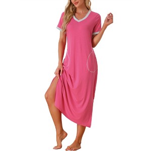 cheibear Women's V Neck Short Sleeves with Pockets Slit Long Nightgown - 1 of 4
