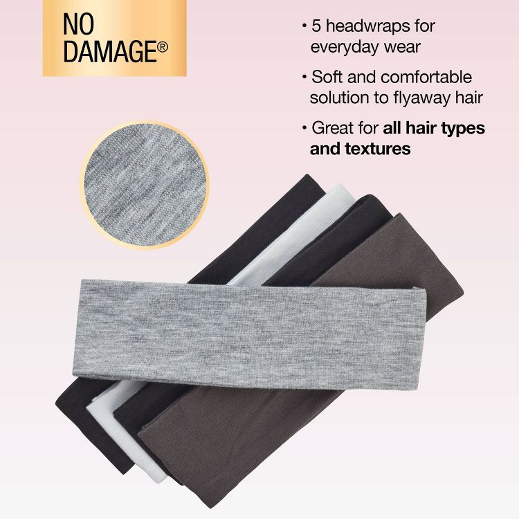 Five headwraps in shades of grey, black, and brown are displayed with text highlighting their benefits for everyday wear and suitability for all hair types.