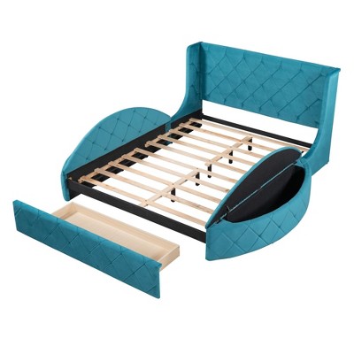 NicBex Queen Size Velvet Platform Bed with Wingback Headboard,1 Drawer and 2 Side Storage Stool for Adults