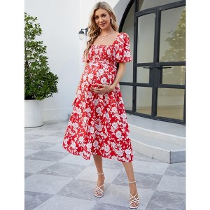 WhizMax Women's Maternity Dress Summer Floral Print Square Neck Puff Sleeve Midi Dress Casual Ruffle A Line Dress for Babyshower - 1 of 4