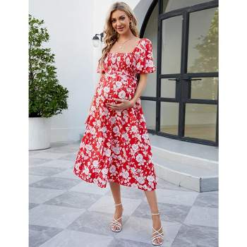 WhizMax Women's Maternity Dress Summer Floral Print Square Neck Puff Sleeve Maxi Dress Casual Ruffle A Line Dress for Babyshower