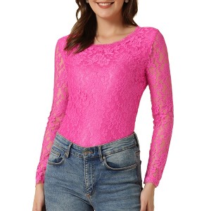 Allegra K Women's Slim Fit Sheer-Long-Sleeves Flower Embroidery Lace Top - 1 of 4