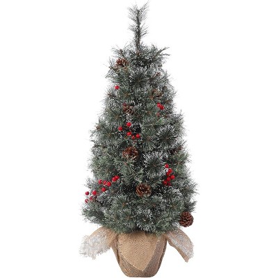 homfan Pre-Lit Small Artificial Mini Christmas Tree, Christmas Tree Prelit with Vintage Potted Base, , Home Decor Indoor for Bedroom, Fireplace
