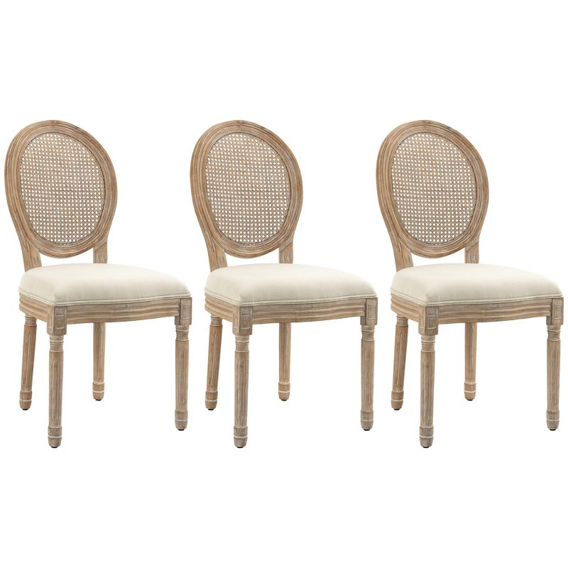 HOMCOM French-Style Upholstered Dining Chair Set, Armless Accent Side Chairs with Rattan Backrest and Linen-Touch Upholstery, Set of 3, Cream White, 1 of 7