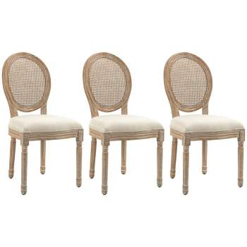 HOMCOM French-Style Upholstered Dining Chair Set, Armless Accent Side Chairs with Rattan Backrest and Linen-Touch Upholstery, Set of 3, Cream White