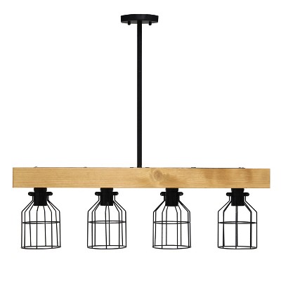 Rustic 4-Light Wooden Beam Farmhouse Pendant in Light Wood
