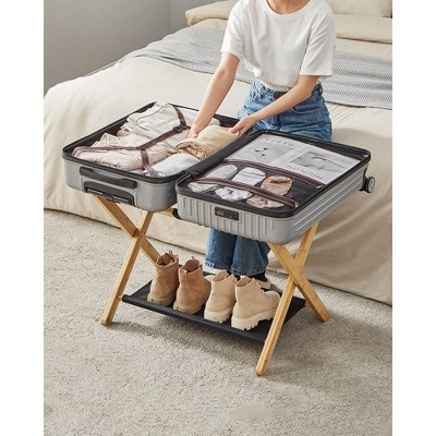 Natural Bamboo Foldable Luggage Rack with Storage Shelf
