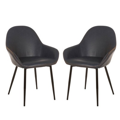 Set of 2 Mid Century Modern Vintage Leatherette Dining Armchair Navy Blue - Glitzhome: Upholstered, Steel Frame, Comfort Padding
