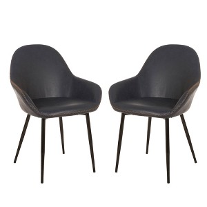 Set of 2 Mid Century Modern Vintage Leatherette Dining Armchair Navy Blue - Glitzhome: Upholstered, Steel Frame, Comfort Padding - 1 of 4