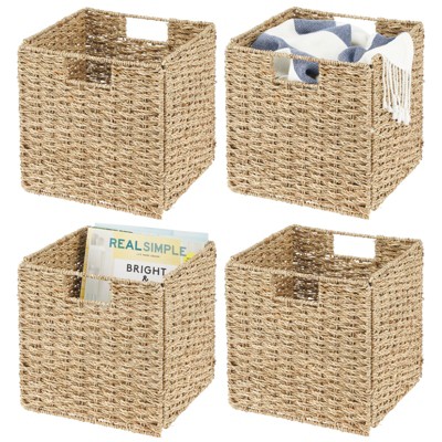 mDesign Seagrass Woven Cube Bin Basket Organizer, Handles