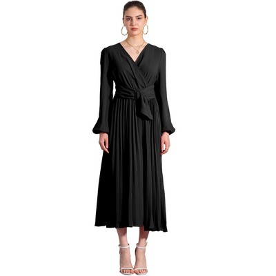 Allegra K Women's Elegant Pleated Cross V Neck Puff Sleeve Tie Waist A-Line Dress