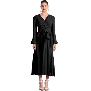 Allegra K Women's Elegant Pleated Cross V Neck Puff Sleeve Tie Waist A-Line Dress - 1 of 4