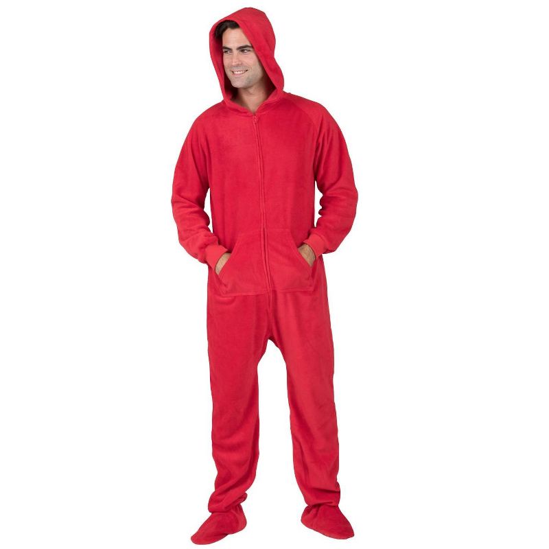 Footed Pajamas - Bright Red Adult Hoodie Fleece Onesie, 3 of 5