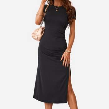 BEEYASO Clearance Summer Dresses for Women Solid Boat Neck Sheath Knee  Length Loose Short Sleeve Dress Black S 