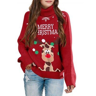 Girl's Ugly Christmas Sweater Reindeer Jacquard Sweater-Knit Pattern Turtle Neck Sweater,Red(reindeer) - 2XL