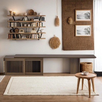 Modern TV Stand And Cat House,Pet Friendly Furniture With Extendable Table,Sliding Shutter Door And Flip-Down Storage–LAOTIES