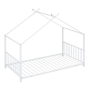 COWLOWN Twin Metal House Platform Bed, Whimsical Roof Design Kids Bed Frame with Guardrails, No Box Spring Needed - 1 of 4