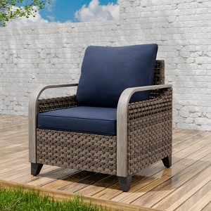EAGLE PEAK Patio Chair Curved Armrest, Rattan Patio Furniture, 1 Chair, Brown/Blue - 1 of 4