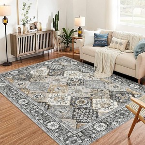 Boho Vintage Low-Pile Geometric Rug, Washable and Non-Slip, Ideal for Bedroom, Dining Area, and Office Floors, 8'x10', Beige Blue - 1 of 4