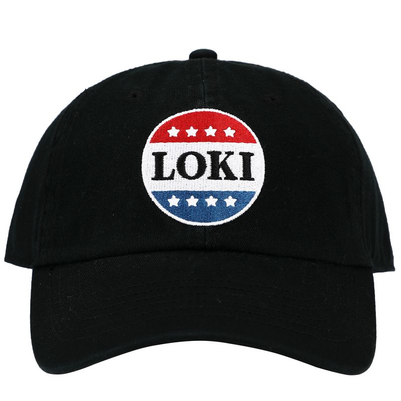 Loki Red White and Blue Button Embroidered Black Cotton Twill Hat, 1 of 6