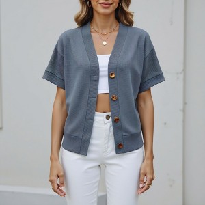 Knit & Lounge Women’s Button Front Waffle Knit Cardigan Short Sleeve V-Neck Relaxed Fit Lightweight Layering Top - 1 of 4