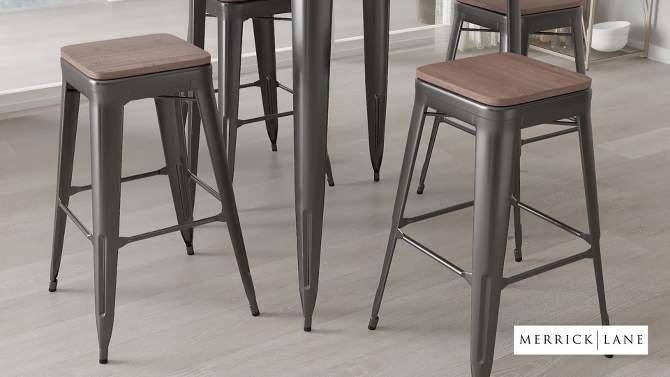 Merrick Lane 5 Piece Bar Table and Stools Set with 31.5" Square Black Metal Table with Wood Top and 4 Matching Bar Stools, 2 of 5, play video
