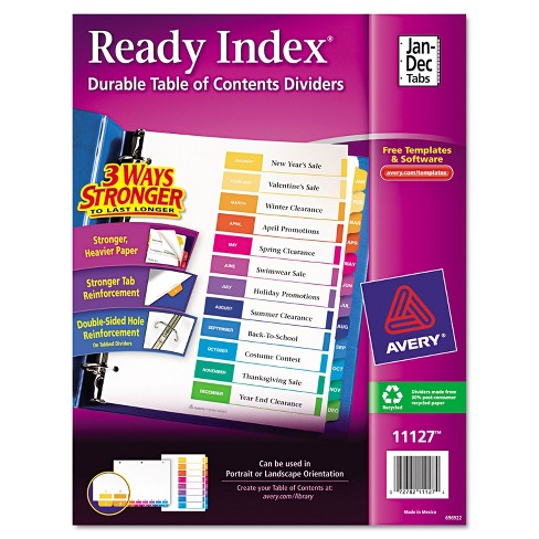 "Avery Ready Index Table Of Contents Dividers A-Z Letter" Multicolor Tabs 