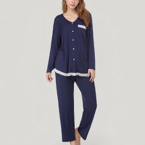 Anna-Kaci Lounge Women's Lace Trim Button Down Long Sleeve Top and Lounge Pants Two Piece Pajama Set - 1 of 4