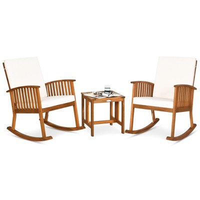 Tangkula 3 PCS Acacia Wood Rocking Bistro Set Outdoor Furniture Front Porch Rocker Chairs Conversation Set with Coffee Table and Cushions