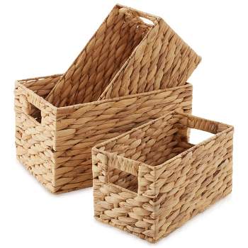 Casafield Set of 3 Water Hyacinth Storage Baskets with Handles - Small, Medium, and Large Woven Nesting Storage Bin Organizers for Shelves