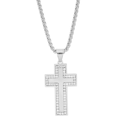 Steeltime Men's stainless steel and simulated diamond cross pendant. Color Options: Silver, Gold