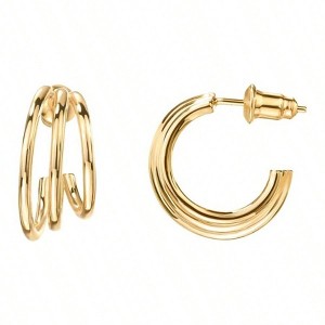 Huggie Earrings for Women - Silver Posts, Triple Split Hoop Fashion - 1 of 4