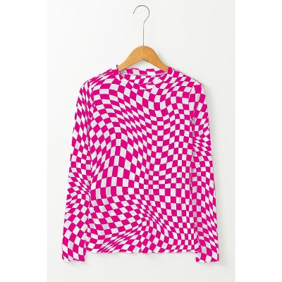 Black Checkered Pattern Mesh Mock Neck Long Sleeve Top