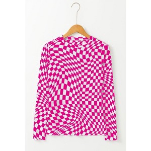 Black Checkered Pattern Mesh Mock Neck Long Sleeve Top - 1 of 1