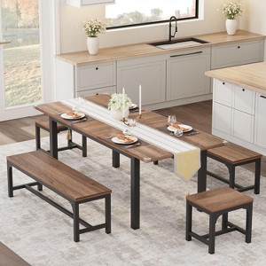 Extendable Dining Table Set for 6-8 People, Large 63" Wood Table with 2 Benches & 2 Stools, Space-Saving Kitchen Furniture for Small Homes - 1 of 4